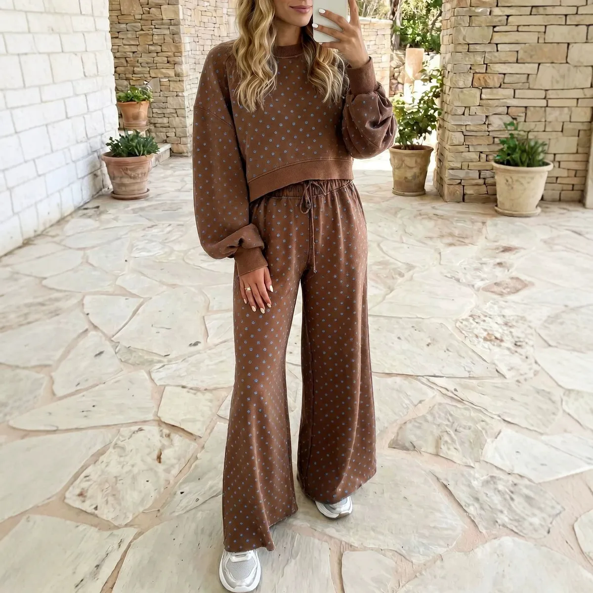 Women Fashion Casual Autumn And Winter Polka Dot Print Long-Sleeve Sweatshirt High Waist Wide Leg Pants Two-Piece Set