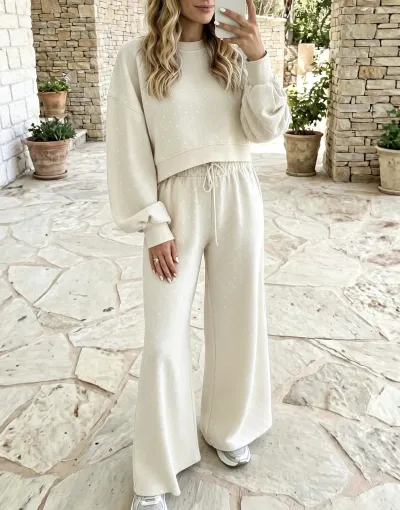 Women Fashion Casual Autumn And Winter Polka Dot Print Long-Sleeve Sweatshirt High Waist Wide Leg Pants Two-Piece Set
