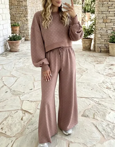 Women Fashion Casual Autumn And Winter Polka Dot Print Long-Sleeve Sweatshirt High Waist Wide Leg Pants Two-Piece Set