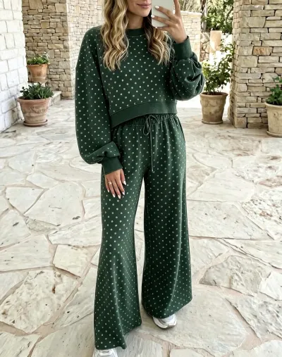 Women Fashion Casual Autumn And Winter Polka Dot Print Long-Sleeve Sweatshirt High Waist Wide Leg Pants Two-Piece Set