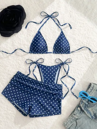 Women Fashion Sexy Polka Dot Print Halter-Neck Lace-Up Bikini Shorts Swimsuit Three-Piece Set