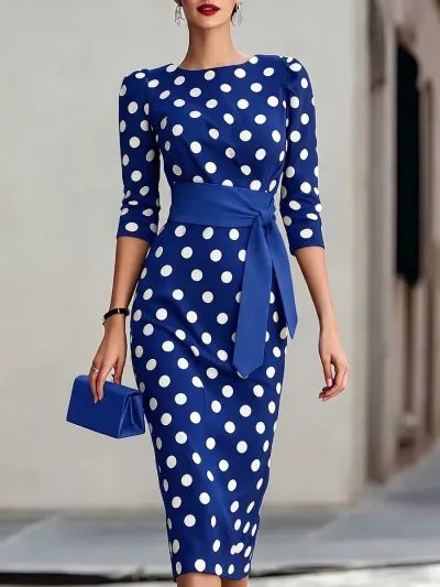 Women Fashion Elegant Spring Summer Polka Dot Print Short-Sleeve Tight Waist Slim Dress