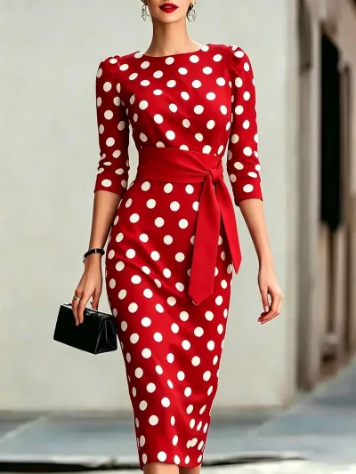 Women Fashion Elegant Spring Summer Polka Dot Print Short-Sleeve Tight Waist Slim Dress