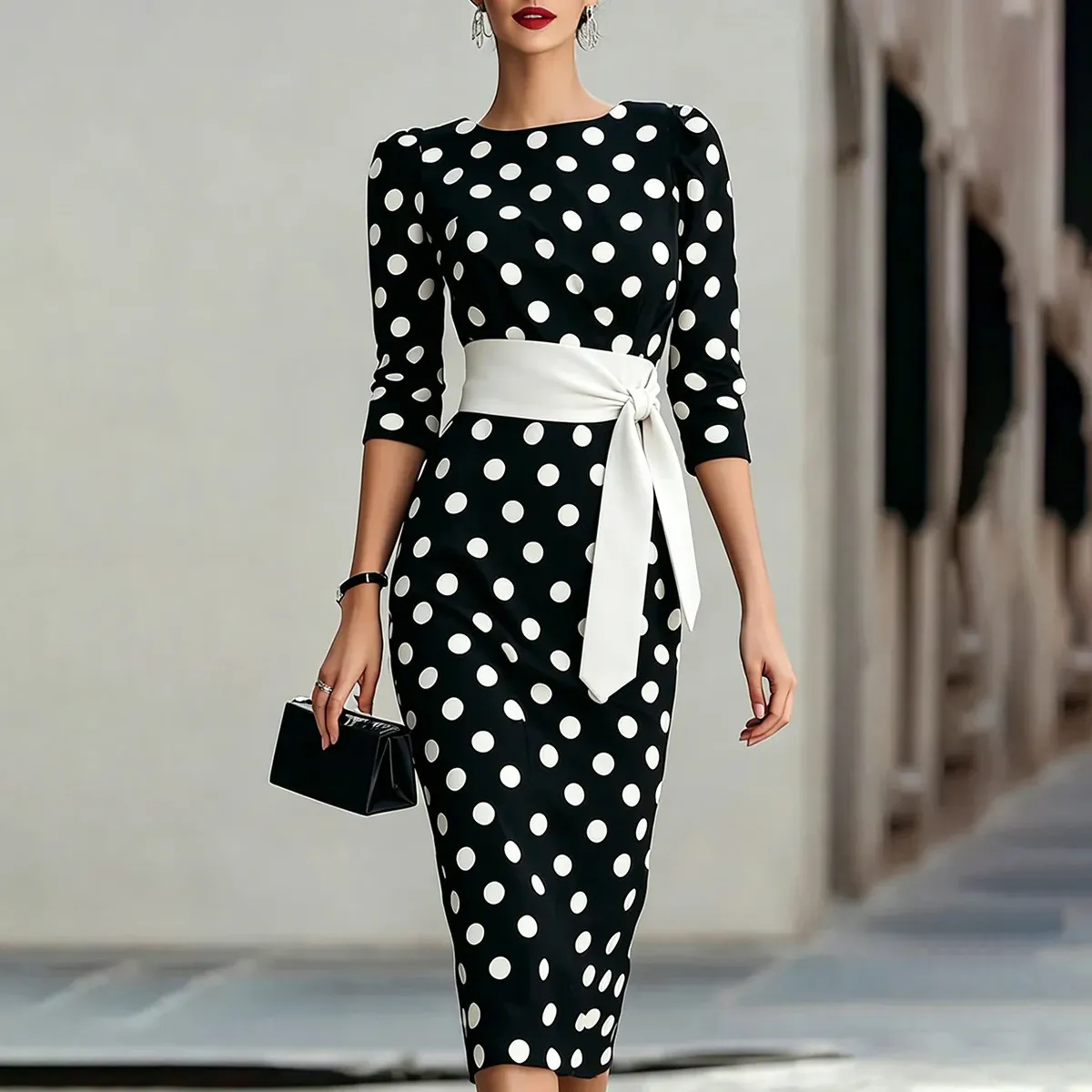 Women Fashion Elegant Spring Summer Polka Dot Print Short-Sleeve Tight Waist Slim Dress