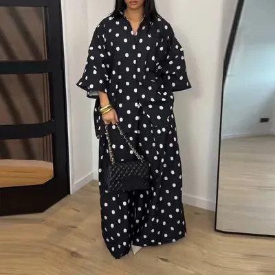 Women Fashion Casual Polka Dot Print Lapel Long-Sleeve Loose Blouse Wide Leg Pants Two-Piece Set