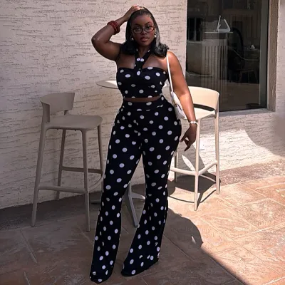 Women Fashion Sexy Summer Polka Dot Print Hanging Neck Crop Top Slim-Fit Pants Two-Piece Set