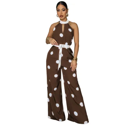 Women Fashion Casual Polka Dot Print Halter-Neck Sleeveless Jumpsuit