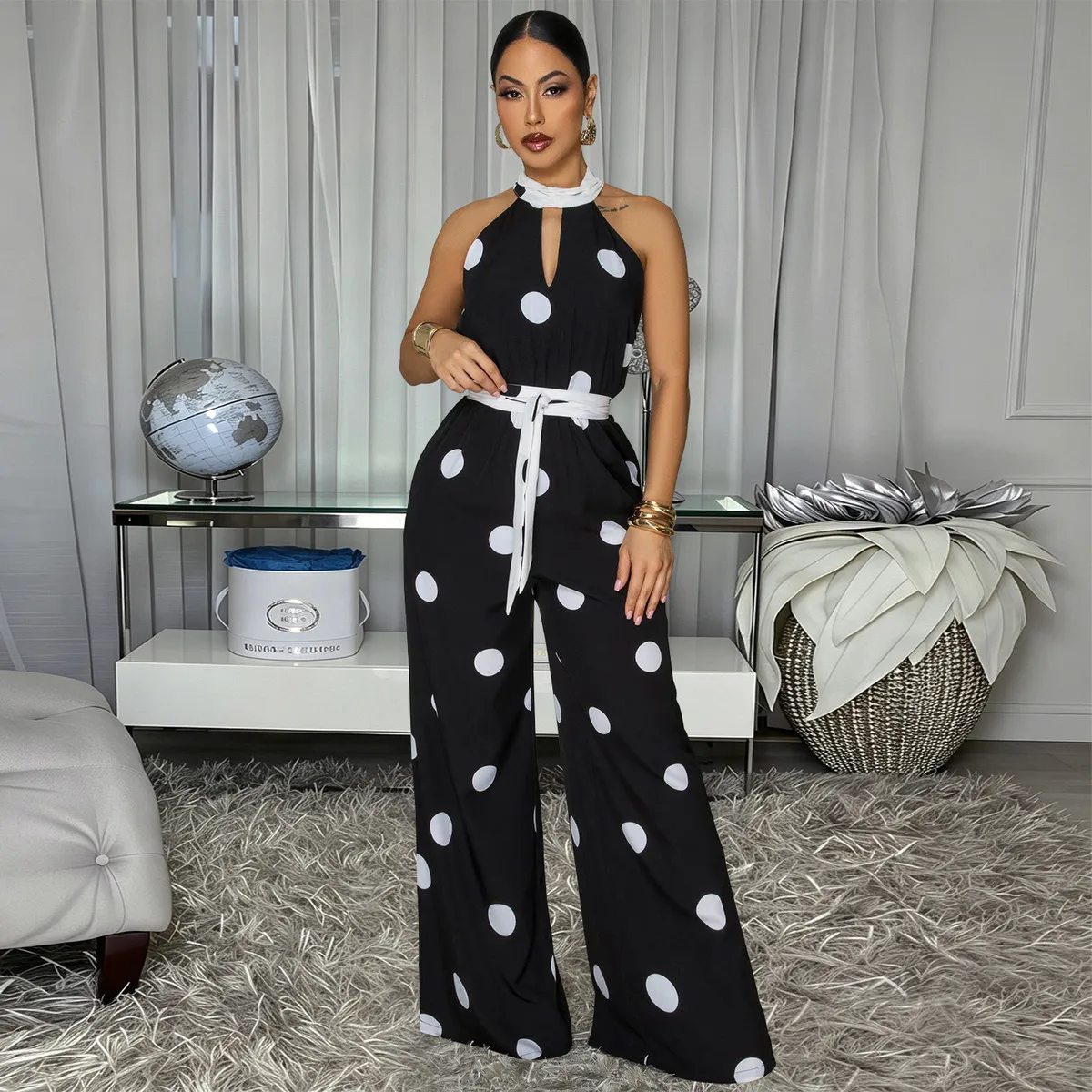 Women Fashion Casual Polka Dot Print Halter-Neck Sleeveless Jumpsuit