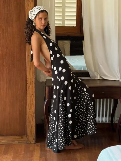 Women Fashion Sexy Summer Polka Dot Print Halter-Neck Slim-Fit Backless Dress