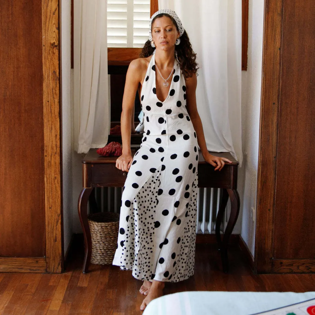 Women Fashion Sexy Summer Polka Dot Print Halter-Neck Slim-Fit Backless Dress