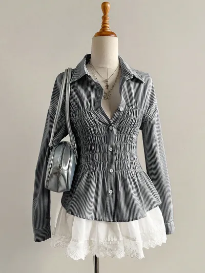 Women Fashion Casual Spring Stripe Waist Lapel Long Sleeve Blouse