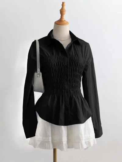 Women Fashion Casual Spring Stripe Waist Lapel Long Sleeve Blouse