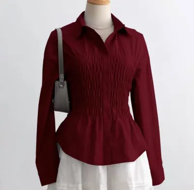 Women Fashion Casual Spring Stripe Waist Lapel Long Sleeve Blouse