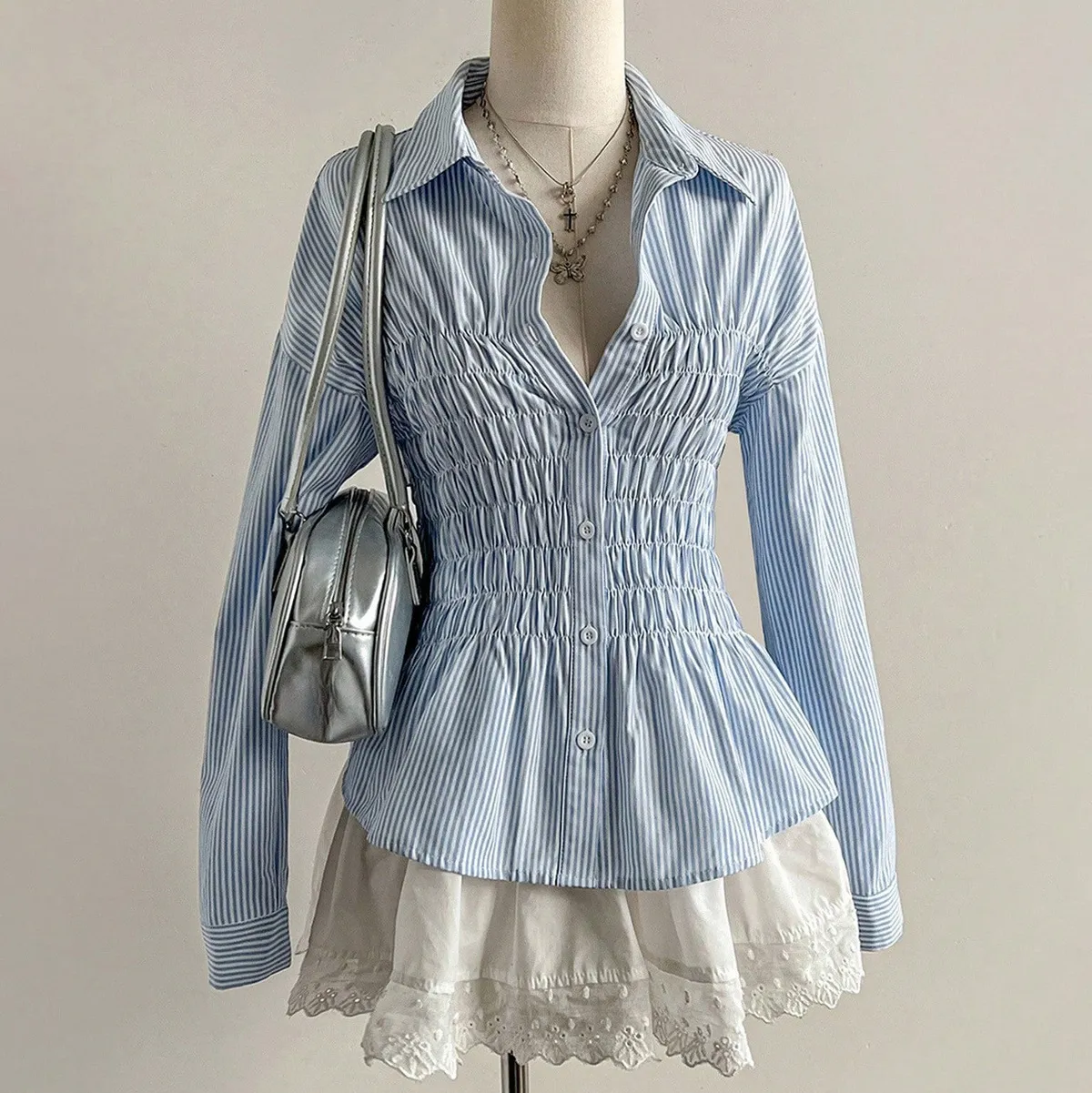 Women Fashion Casual Spring Stripe Waist Lapel Long Sleeve Blouse