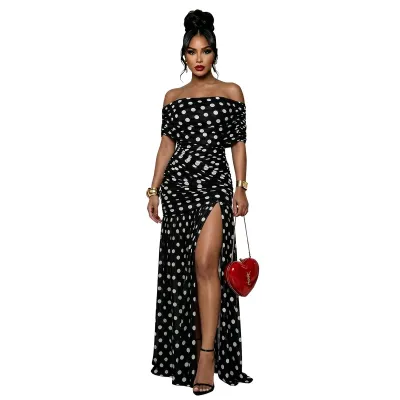 Women Fashion Sexy Polka Dot Print Off-Shoulder Pleated Split Dress