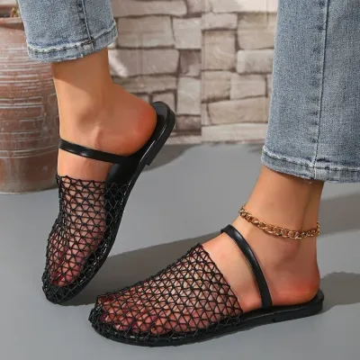 Women Fashion Casual Solid Color Mesh Flat Slippers