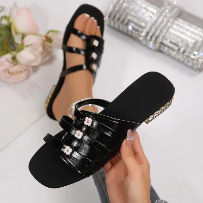 Women Fashion Casual Square-Toe Floral Decoration Flat Slippers