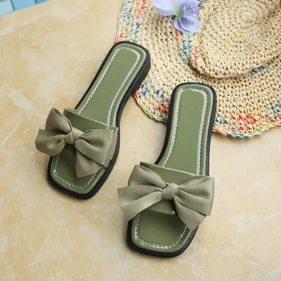 Women Fashion Casual Bow Square Toe Flat Slippers