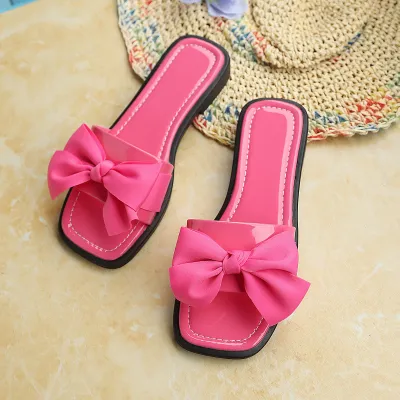 Women Fashion Casual Bow Square Toe Flat Slippers