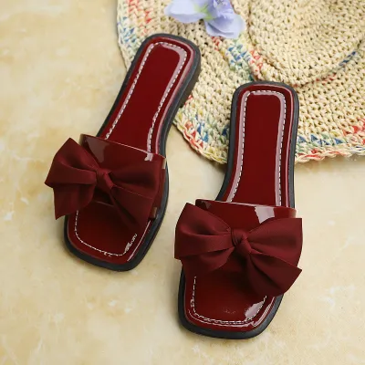 Women Fashion Casual Bow Square Toe Flat Slippers