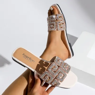 Women Fashion Casual Summer Rhinestone Square-Toe Flat Slippers