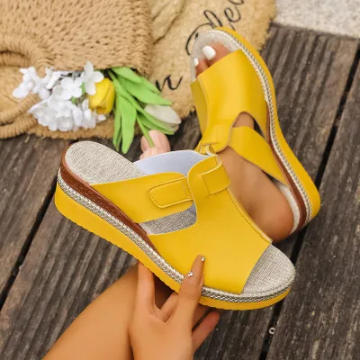 Women Fashion Casual Solid Color Peep-Toe Wedge Buckle Slippers
