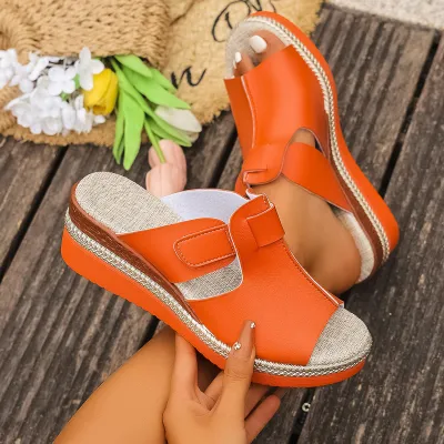 Women Fashion Casual Solid Color Peep-Toe Wedge Buckle Slippers