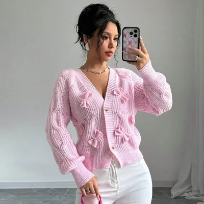 Women Fashion Casual Autumn And Winter Solid Color Bow Knitted Cardigan