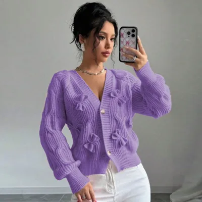 Women Fashion Casual Autumn And Winter Solid Color Bow Knitted Cardigan