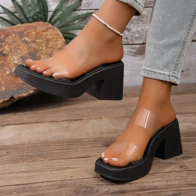 Women Fashion Casual Solid Color Thick Heel Platform Slippers