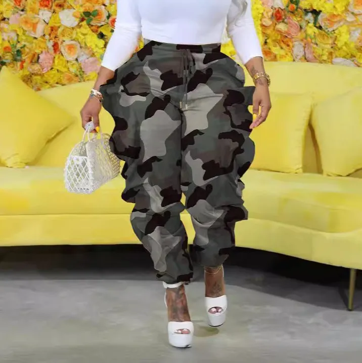 Women Fashion Casual Camouflage Print Ruffled Loose Pants