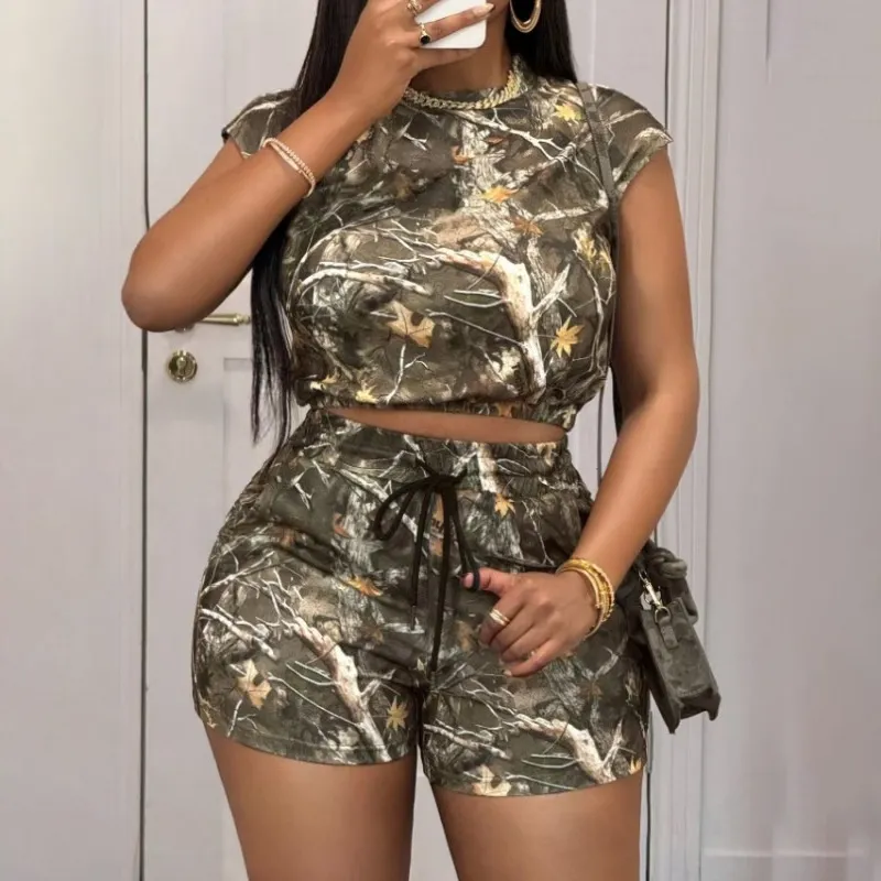 Women Fashion Casual Spring And Summer Camouflage Printed Short-Sleeve Crop Top Loose Drawstring Shorts Two-Piece Set