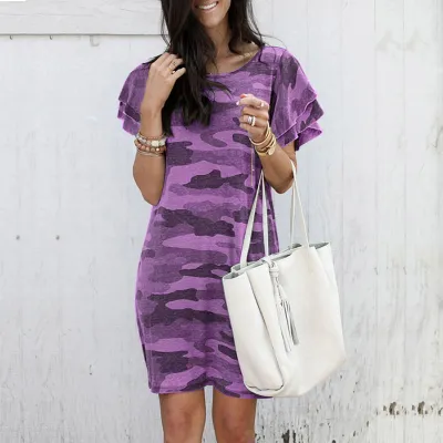 Women Fashion Casual Summer Camouflage Print Round Neck Short-Sleeve Loose Dress