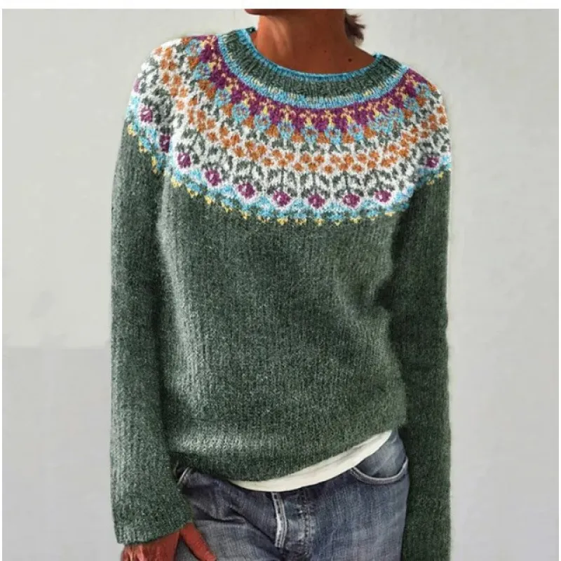 Women Fashion Casual Autumn Color-Block Long-Sleeve Loose Knitted Sweater