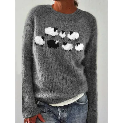 Women Fashion Casual Autumn Color-Block Long-Sleeve Loose Knitted Sweater