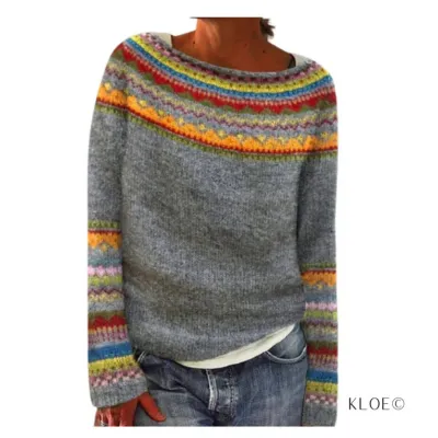Women Fashion Casual Autumn Color-Block Long-Sleeve Loose Knitted Sweater