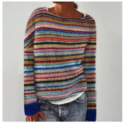 Women Fashion Casual Autumn Color-Block Long-Sleeve Loose Knitted Sweater
