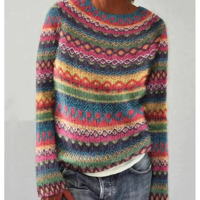 Women Fashion Casual Autumn Color-Block Long-Sleeve Loose Knitted Sweater