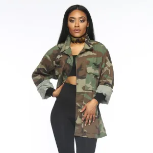 Women Fashion Casual Camouflage Lapel Long-Sleeve Coat Loose Coat