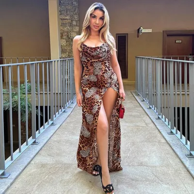 Women Fashion Sexy Summer Leopard Print Spaghetti Strap Split Dress