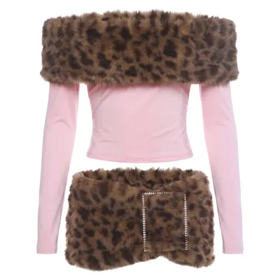 Women Fashion Sexy Plush Leopard Stitching Off-Shoulder Long Sleeve Crop Top Mini Tight Skirt Two-Piece Set