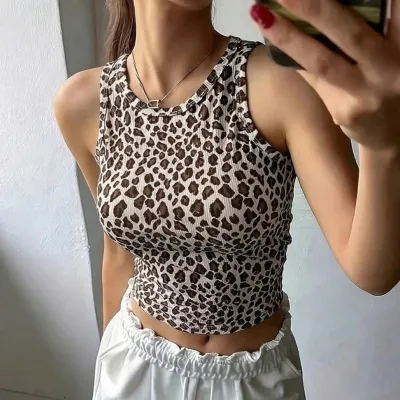 Women Fashion Sexy Summer Ribbed Pit Leopard Slim-Fit Tank Top