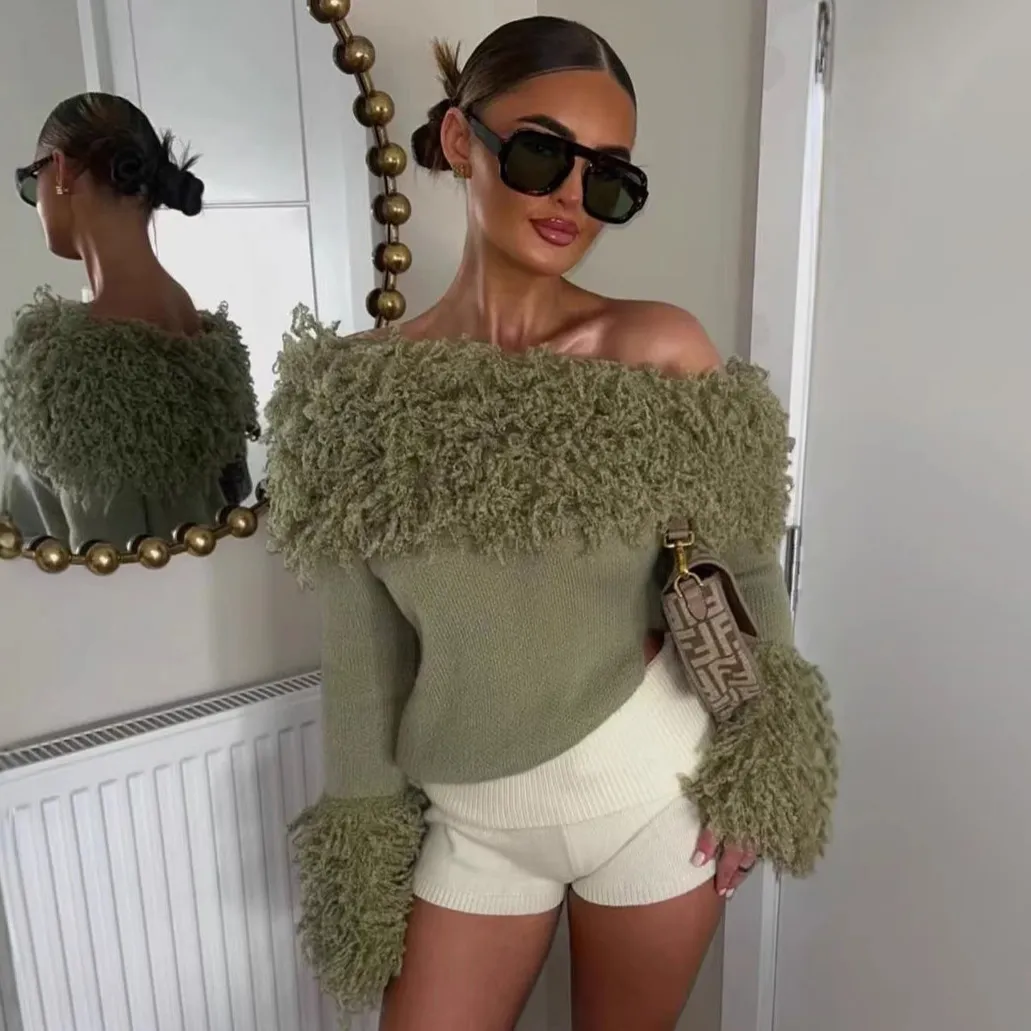 Women Fashion Sexy Autumn Solid Color Texture Tassel Off-Shoulder Long-Sleeve Knitted Sweater