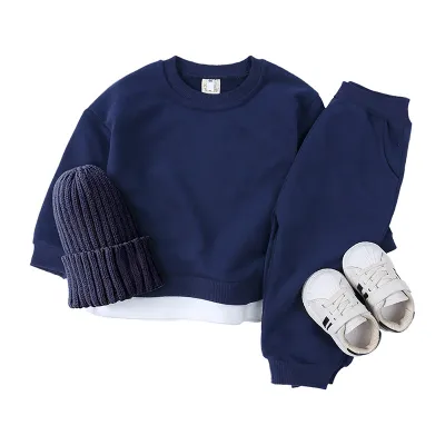 Kids Baby Boys And Girls Fashion Casual Autumn Solid Color Cotton Long-Sleeve Sweatshirt Pants Two-Piece Set