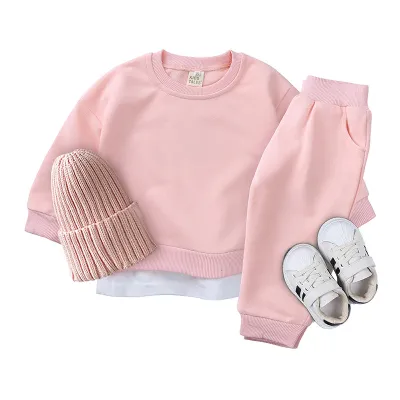 Kids Baby Boys And Girls Fashion Casual Autumn Solid Color Cotton Long-Sleeve Sweatshirt Pants Two-Piece Set