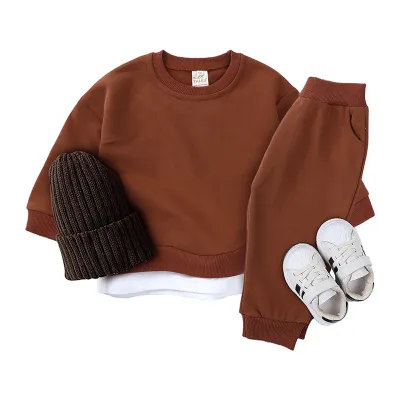 Kids Baby Boys And Girls Fashion Casual Autumn Solid Color Cotton Long-Sleeve Sweatshirt Pants Two-Piece Set