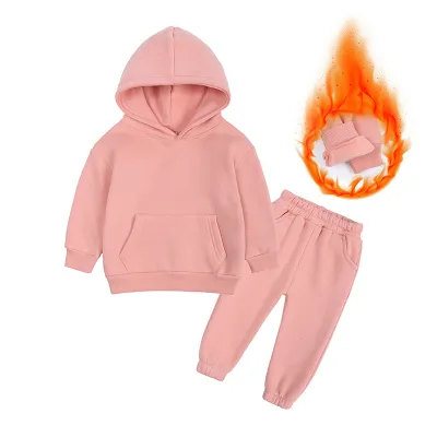 Kids Boys And Girls Fashion Casual Winter Solid Color Fleece Long-Sleeve Hoodies Pants Two-Piece Set