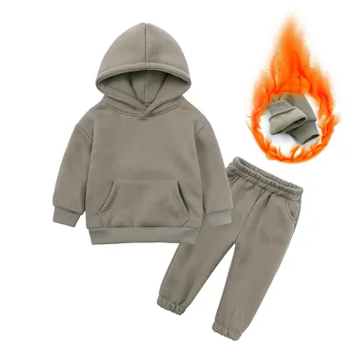 Kids Boys And Girls Fashion Casual Winter Solid Color Fleece Long-Sleeve Hoodies Pants Two-Piece Set