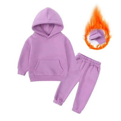 Kids Boys And Girls Fashion Casual Winter Solid Color Fleece Long-Sleeve Hoodies Pants Two-Piece Set