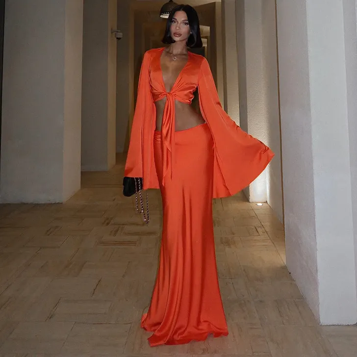 Women Fashion Sexy Solid Color Long-Sleeve Lace-Up Crop Top A Swing Maxi Skirt Two-Piece Set